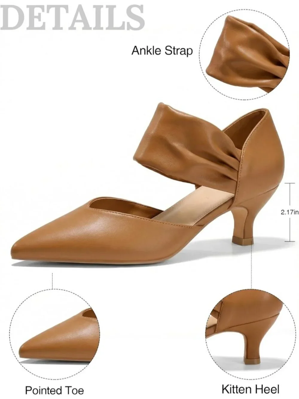 Women's Leather Brown Low Kitten Heel Pointed Toe Slip On Pump Ankle Strap Shoes